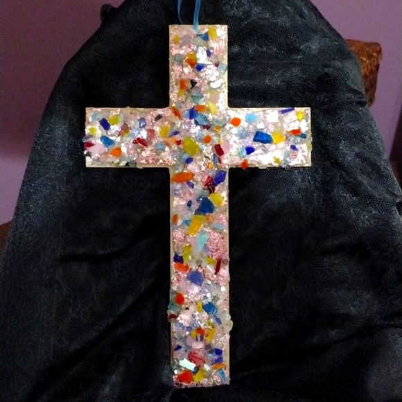 mosaic reflective and stained glass cross - Picture 1 of 3